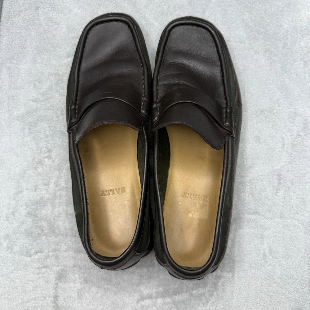 Bally Rumo Mens 9.5 Brown Green Leather Penny Loafers Made Italy Dress Shoes